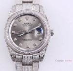 Iced Out Rolex Silver Dial Datejust 41 Replica Watches With Diamonds For Men